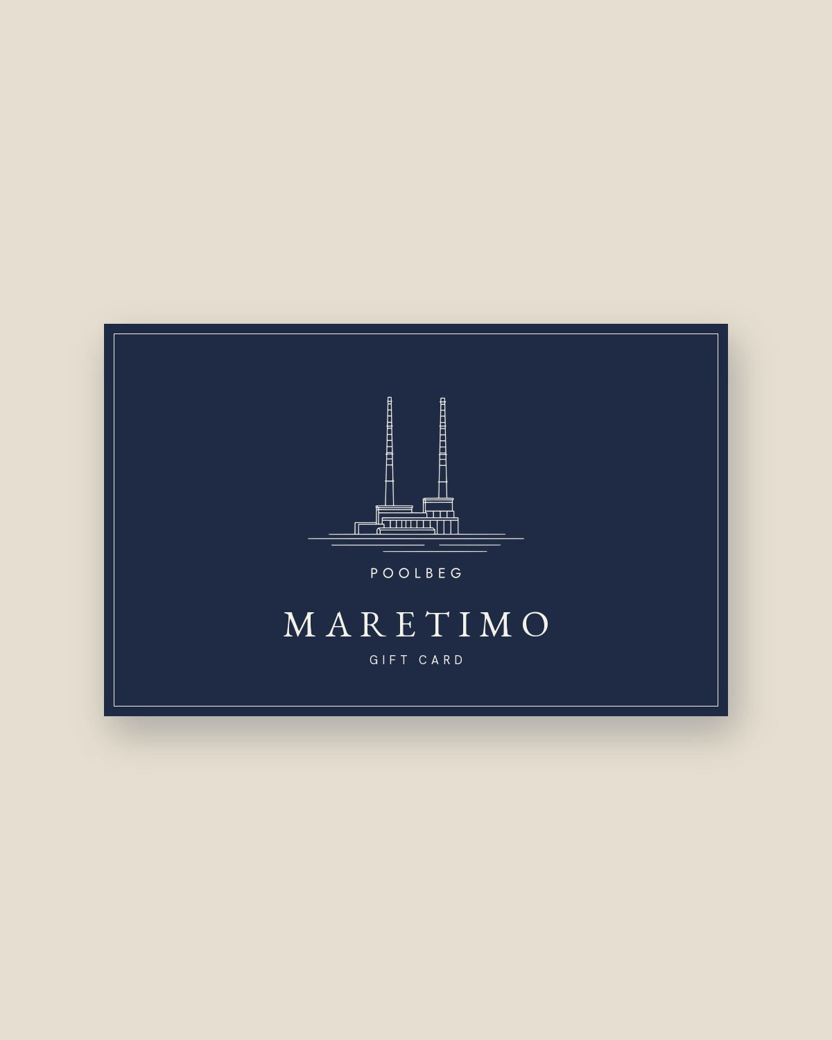 Maretimo gift card, navy with the Poolbeg drawing