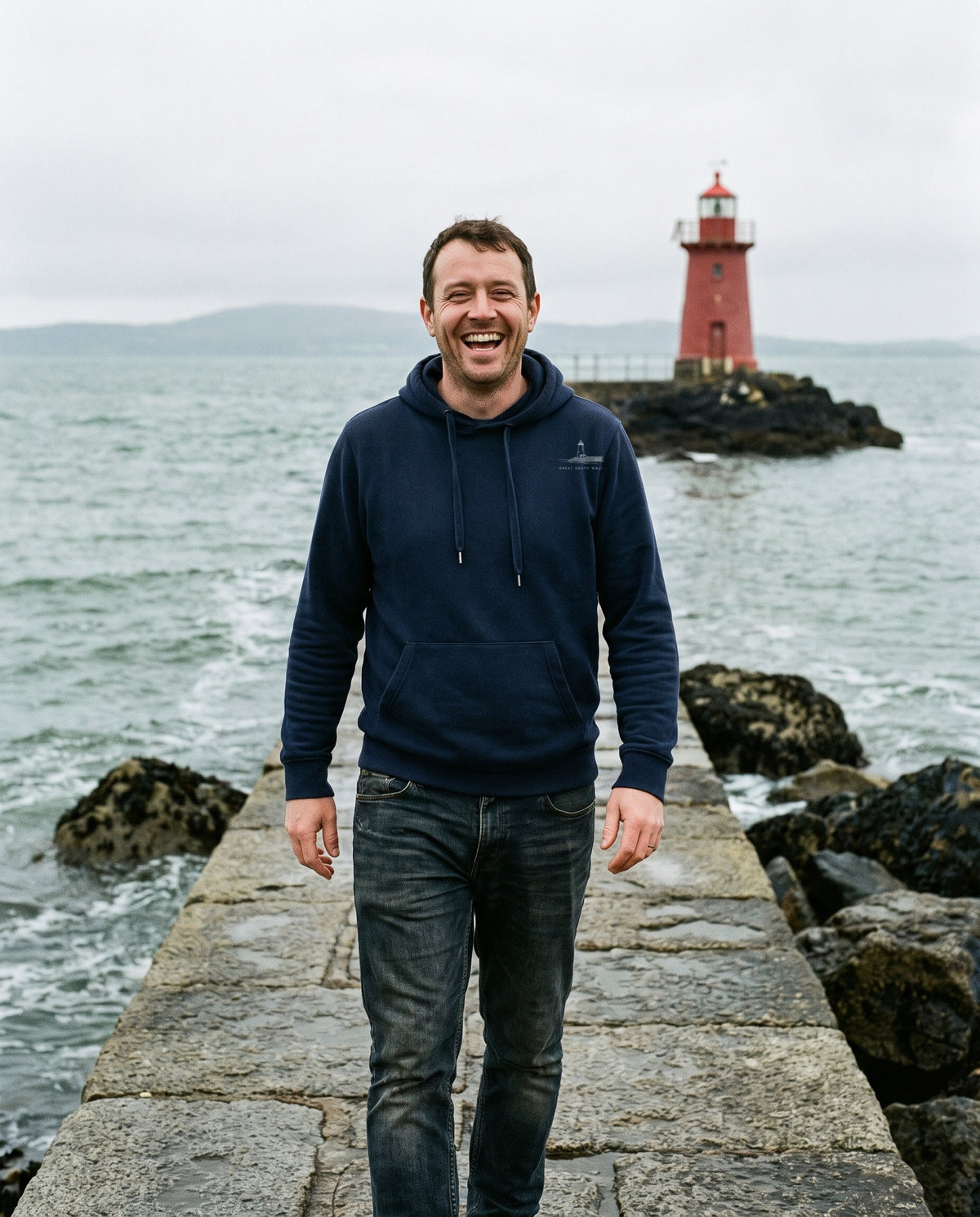 Great South Wall Hoodie, worn on the coast